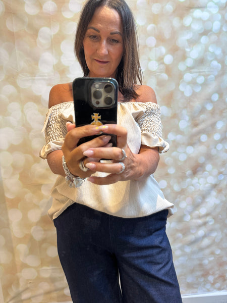 Bardot Shirred Shoulder Top