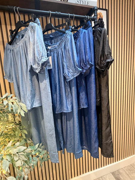 Denim Palazzo / Bardot Top Set