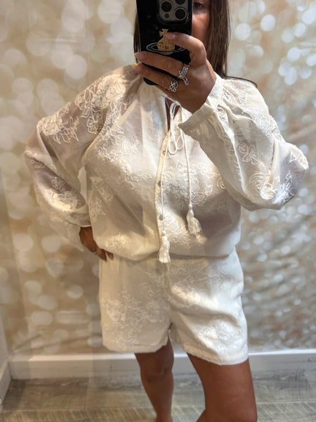 Applique Sheer Short / Blouse Set