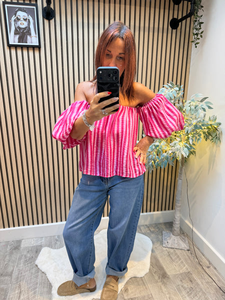 Striped Bardot Top Puff  sleeves