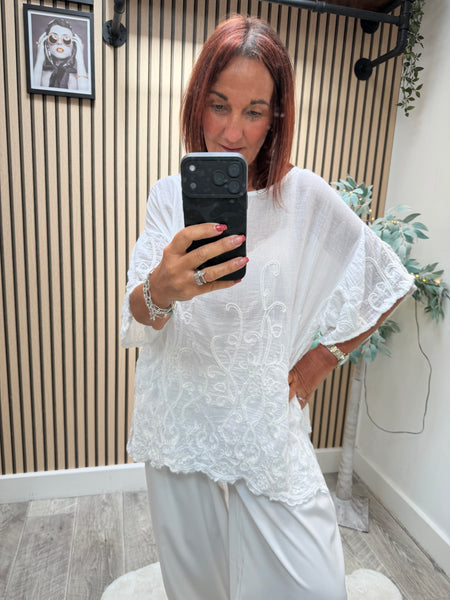 Embroidered Scalloped Hem Tunic/Top