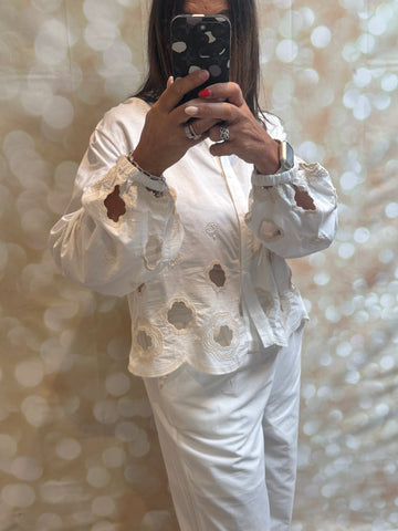 2 Piece Cut Out Embroidered Palazzo Trouser / Shirt set
