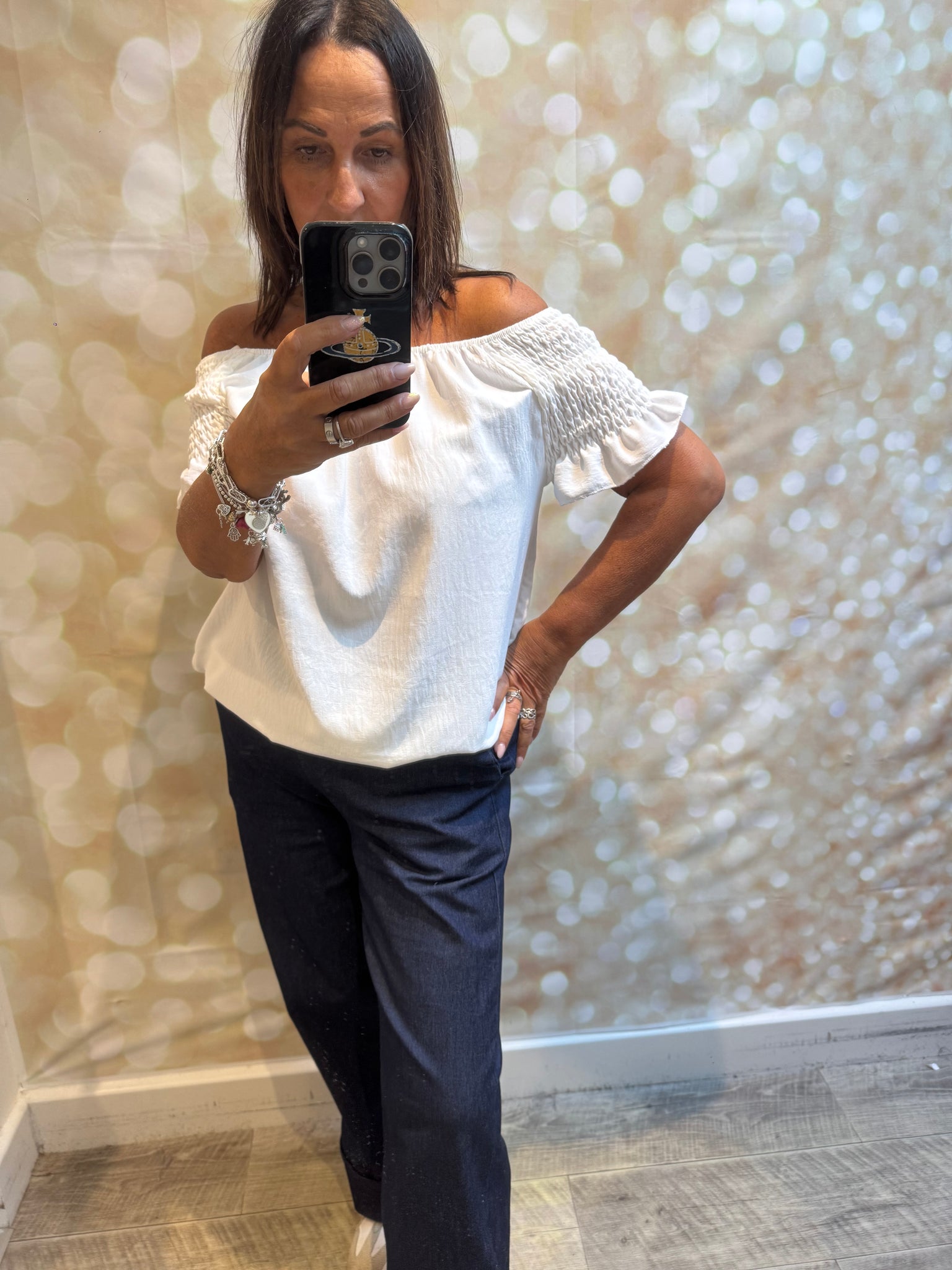 Bardot Shirred Shoulder Top