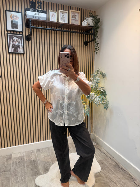 Embroidered Silky sheer Puff sleeve blouse