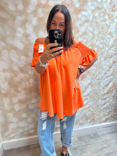 Bardot Shirred Shoulder Top