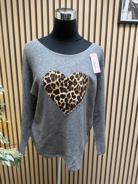 Soft Knit Leopard Heart jumper