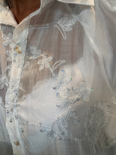 Embroidered Silky sheer Puff sleeve blouse