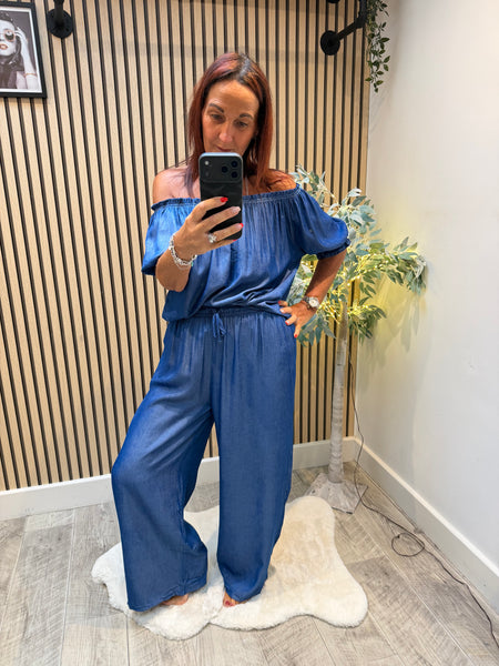 Denim Palazzo / Bardot Top Set