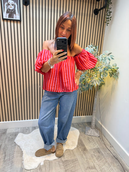 Striped Bardot Top Puff  sleeves