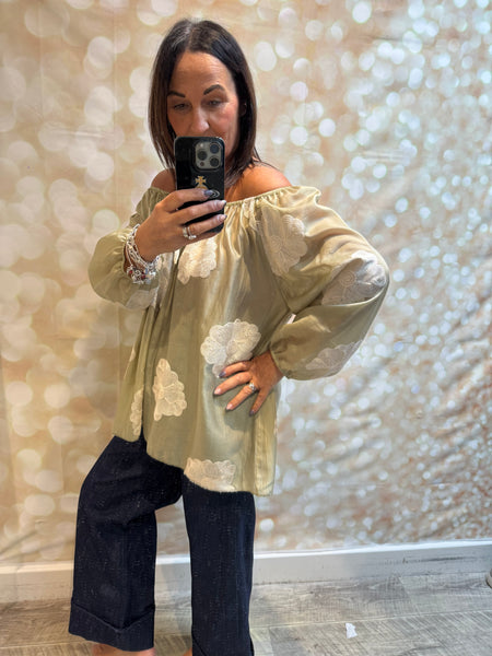Silky Sheer Bardot Applique Top