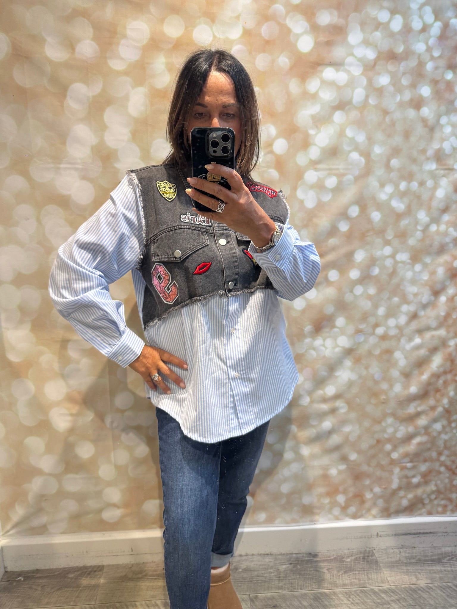 Studio pinstripe / badged denim shirt