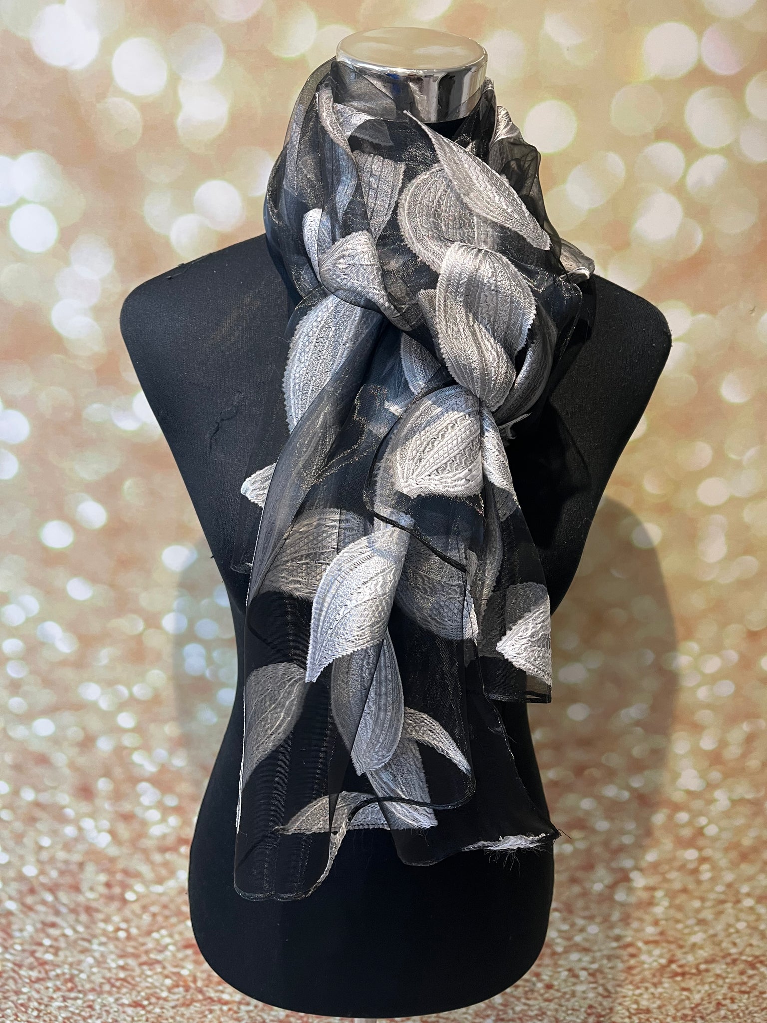 Organza Scarf with Leaf Appliqué